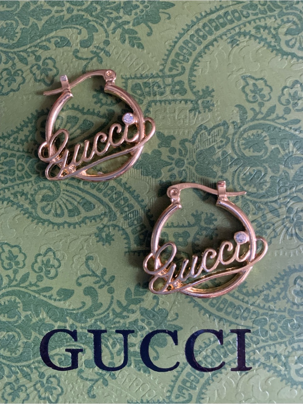 Gucci Gold Hoop Earrings with Script Logo and Crystal Accent (Box Included)